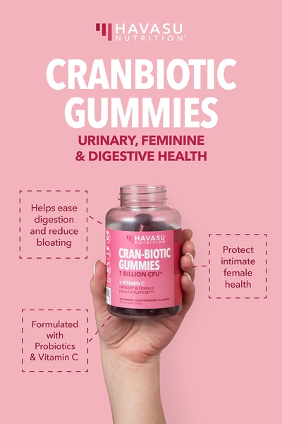 A high-clarity product shot of Cranbiotic Gummies held in a hand, using dashed-line callouts to highlight specific health benefits and ingredients.